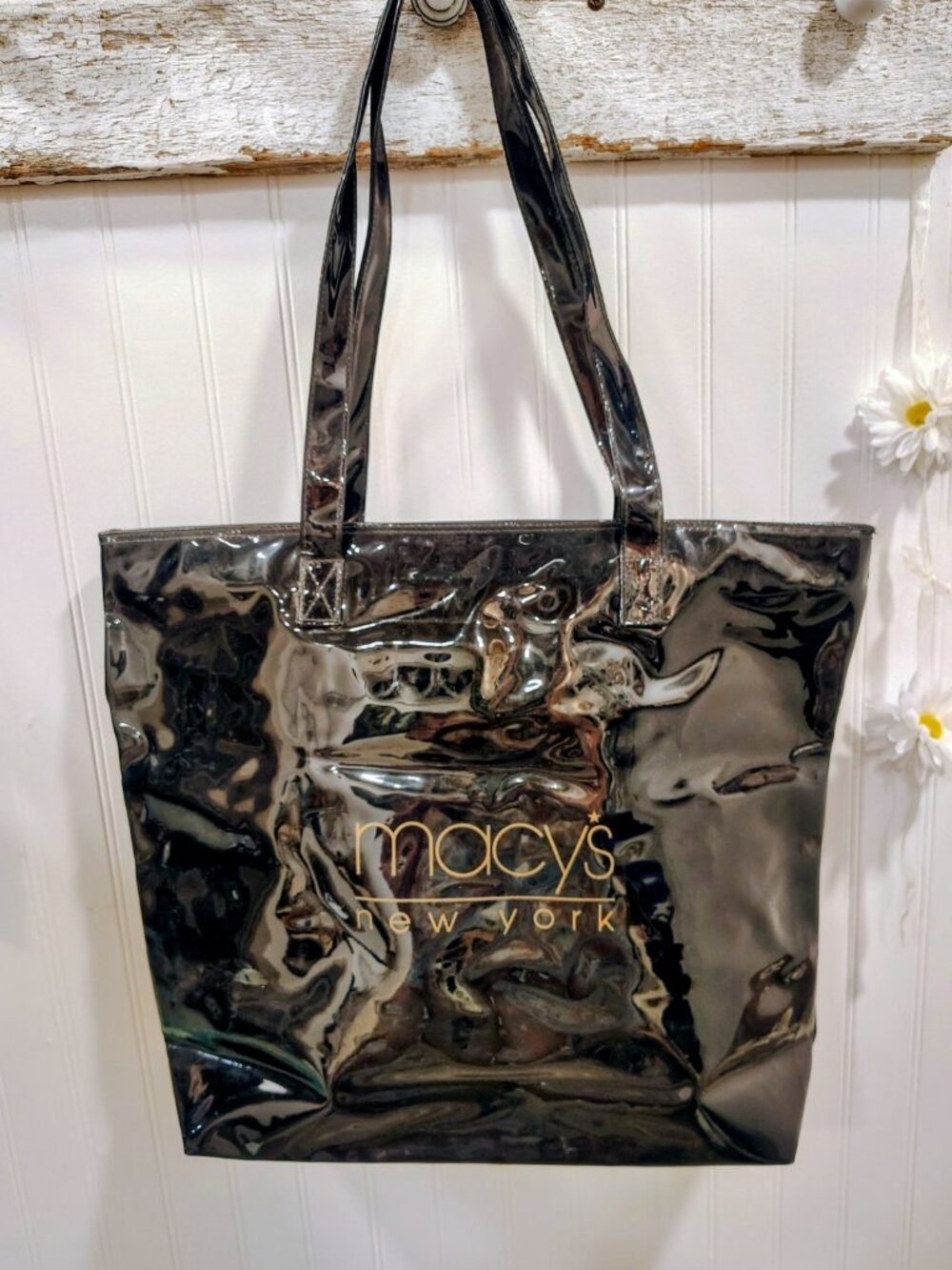 Macy's New York Iconic Black Shiny Vinyl Large Shopper Tote